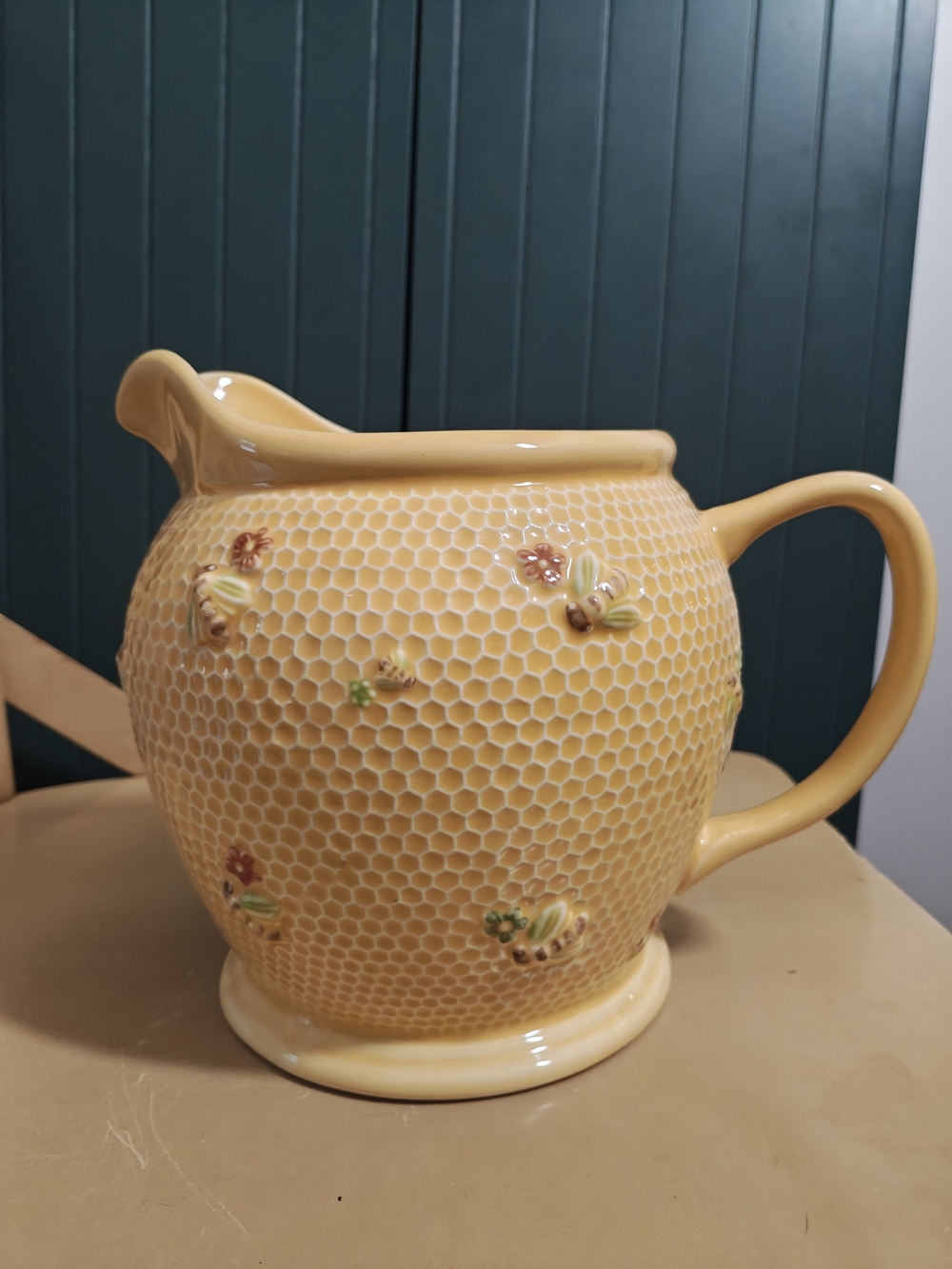 Williams Sonoma Yellow Honeycomb Ceramic Pitcher with Bee Motif